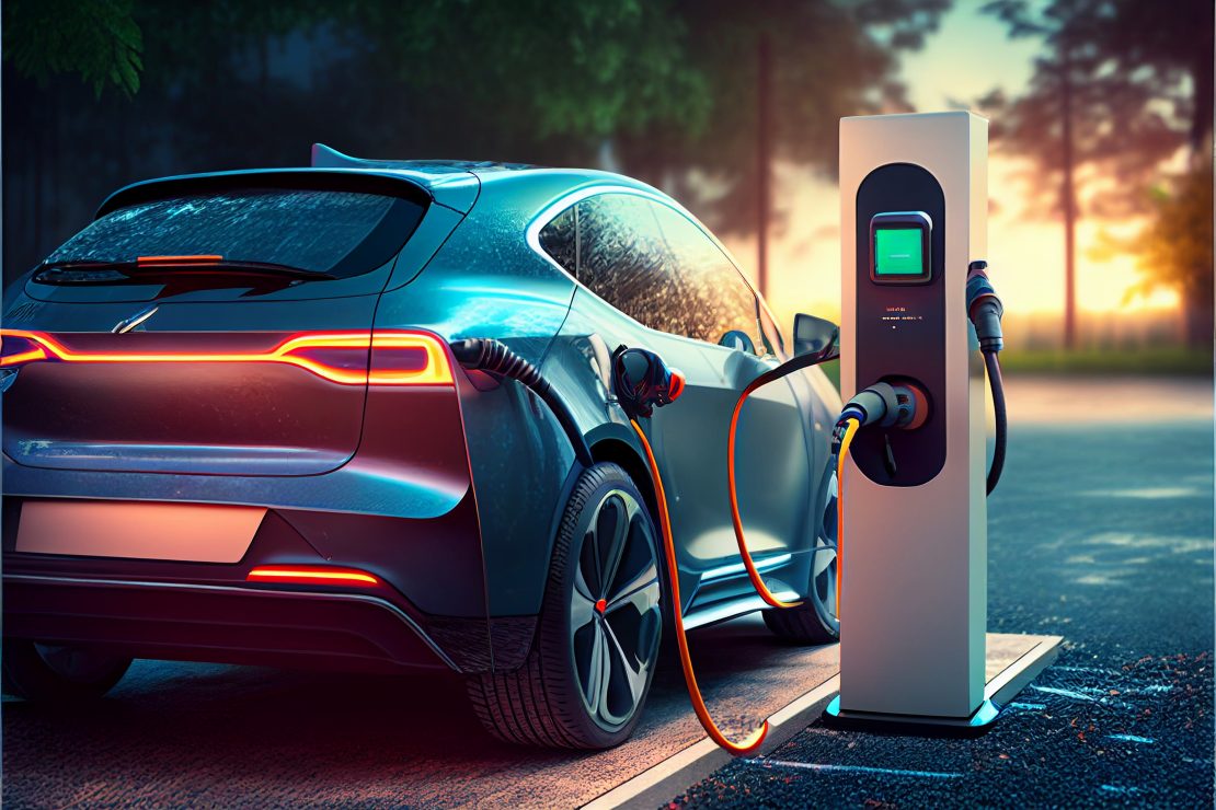 Electric car charging at a gas station in the city
